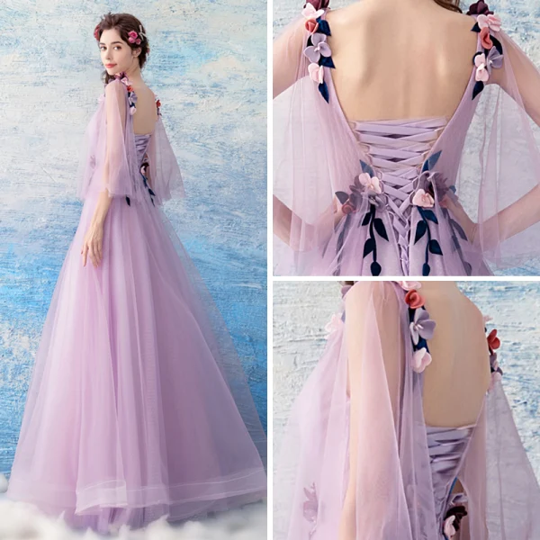 Elegant Lavender See-through Evening Dresses 2019 A-Line / Princess V-Neck Sleeveless Appliques Flower Beading Floor-Length / Long Ruffle Backless Formal Dresses