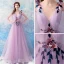 Elegant Lavender See-through Evening Dresses  2019 A-Line / Princess V-Neck Sleeveless Appliques Flower Beading Floor-Length / Long Ruffle Backless Formal Dresses