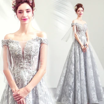 Illusion Gris Transparentes Robe De Soirée 2019 Princesse De L Épaule 3 4 Manches Appliques En Dentelle Perlage Paillettes Longue Volants Dos Nu Robe De Ceremonie