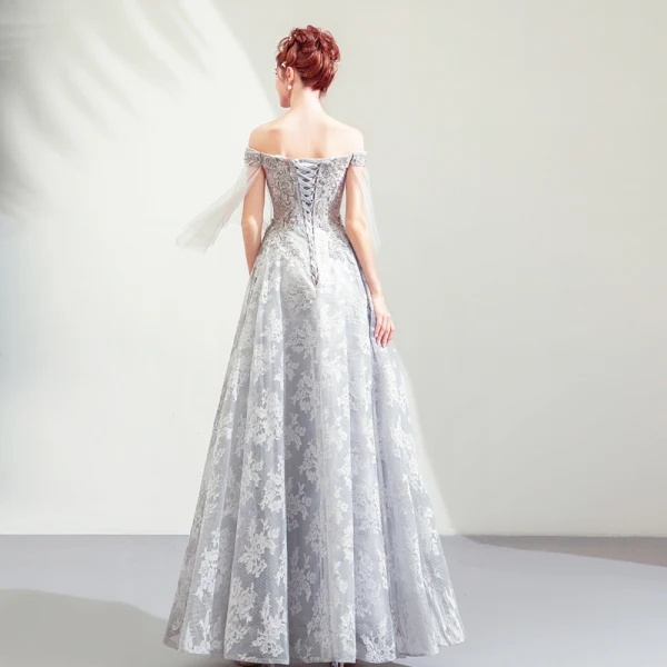 Illusion Gris Transparentes Robe De Soirée 2019 Princesse De l'épaule 3/4 Manches Appliques En Dentelle Perlage Paillettes Longue Volants Dos Nu Robe De Ceremonie