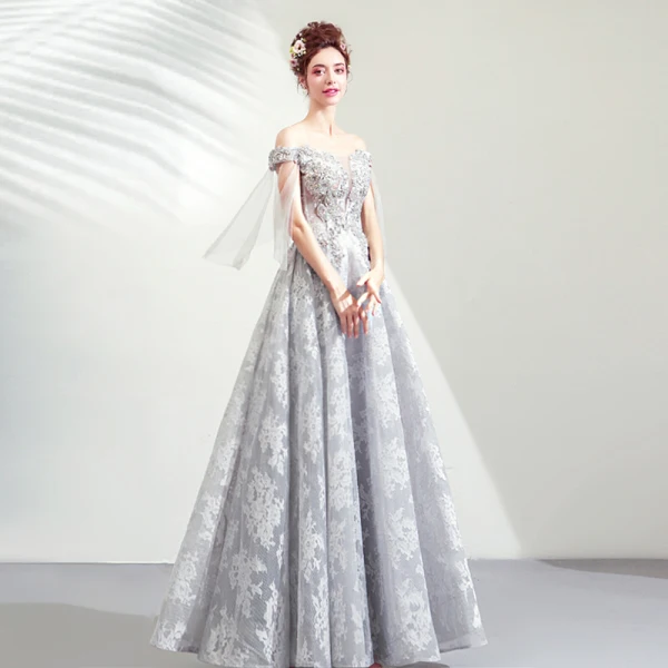 Illusion Gris Transparentes Robe De Soirée 2019 Princesse De l'épaule 3/4 Manches Appliques En Dentelle Perlage Paillettes Longue Volants Dos Nu Robe De Ceremonie