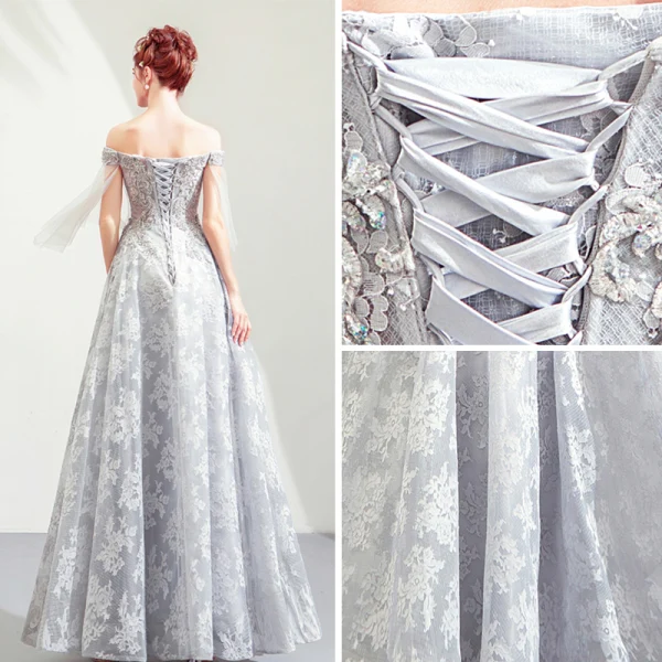 Illusion Gris Transparentes Robe De Soirée 2019 Princesse De l'épaule 3/4 Manches Appliques En Dentelle Perlage Paillettes Longue Volants Dos Nu Robe De Ceremonie