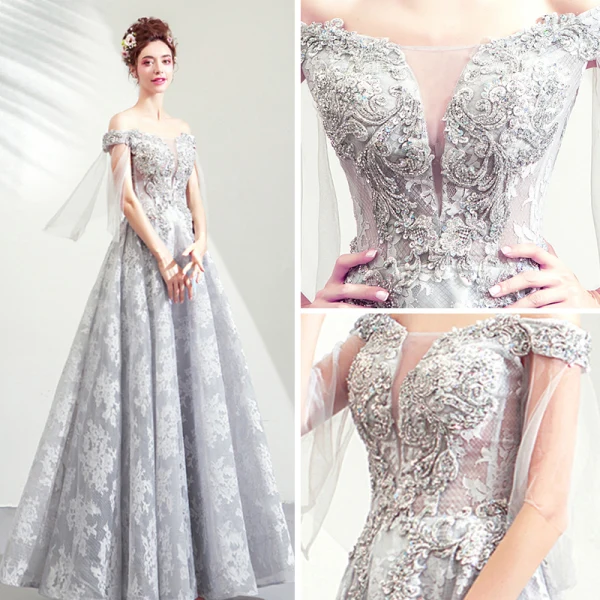 Illusion Gris Transparentes Robe De Soirée 2019 Princesse De l'épaule 3/4 Manches Appliques En Dentelle Perlage Paillettes Longue Volants Dos Nu Robe De Ceremonie