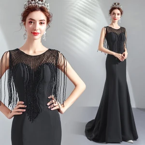 Élégant Noire Transparentes Robe De Soirée 2019 Trompette Sirène Encolure Dégagée Sans Manches Perlage Gland Train De Balayage Volants Robe De Ceremonie