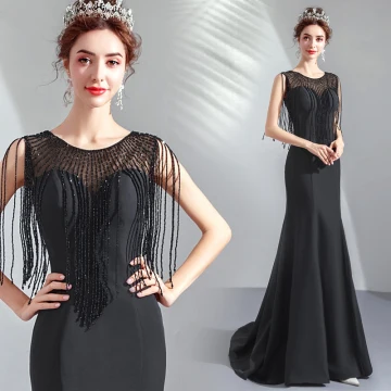 Elegant Black See Through Evening Dresses 2019 Trumpet Mermaid Scoop Neck Sleeveless Beading Tassel Sweep Train Ruffle Formal Dresses