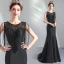 Élégant Noire Transparentes Robe De Soirée 2019 Trompette / Sirène Encolure Dégagée Sans Manches Perlage Gland Train De Balayage Volants Robe De Ceremonie