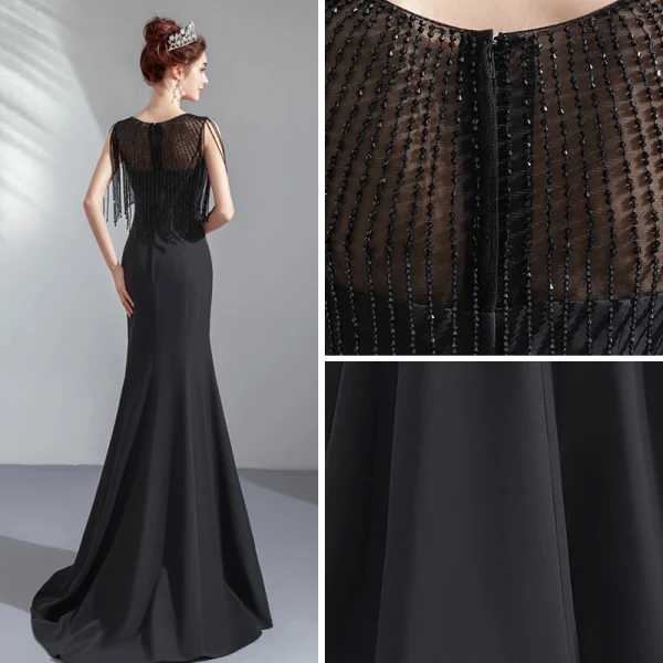 Élégant Noire Transparentes Robe De Soirée 2019 Trompette / Sirène Encolure Dégagée Sans Manches Perlage Gland Train De Balayage Volants Robe De Ceremonie