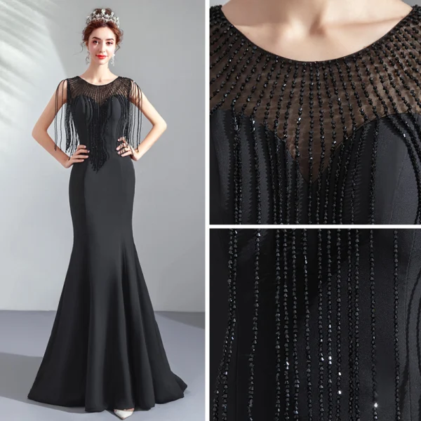 Élégant Noire Transparentes Robe De Soirée 2019 Trompette / Sirène Encolure Dégagée Sans Manches Perlage Gland Train De Balayage Volants Robe De Ceremonie