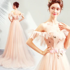 Élégant Perle Rose Robe De Soirée 2019 Princesse De L Épaule Manches Courtes Appliques En Dentelle Fleur Tribunal Train Volants Dos Nu Robe De Ceremonie