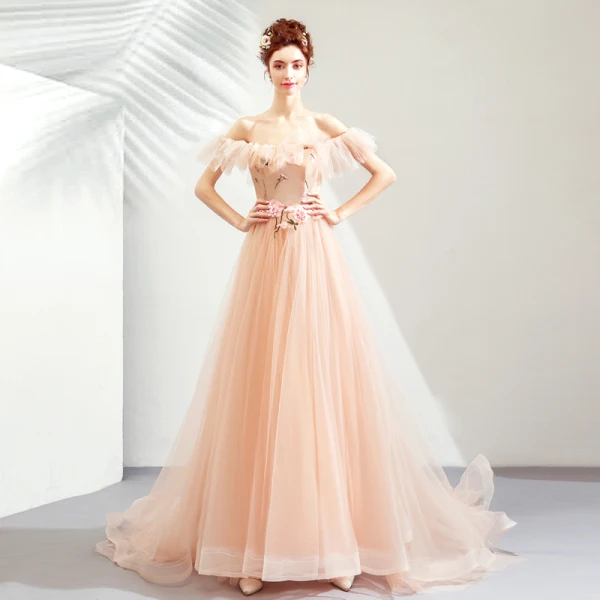 Elegant Pearl Pink Evening Dresses 2019 A-Line / Princess Off-The-Shoulder Short Sleeve Appliques Lace Flower Court Train Ruffle Backless Formal Dresses