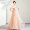 Elegant Pearl Pink Evening Dresses  2019 A-Line / Princess Off-The-Shoulder Short Sleeve Appliques Lace Flower Court Train Ruffle Backless Formal Dresses