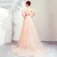 Elegant Pearl Pink Evening Dresses  2019 A-Line / Princess Off-The-Shoulder Short Sleeve Appliques Lace Flower Court Train Ruffle Backless Formal Dresses
