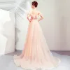 Elegant Pearl Pink Evening Dresses  2019 A-Line / Princess Off-The-Shoulder Short Sleeve Appliques Lace Flower Court Train Ruffle Backless Formal Dresses