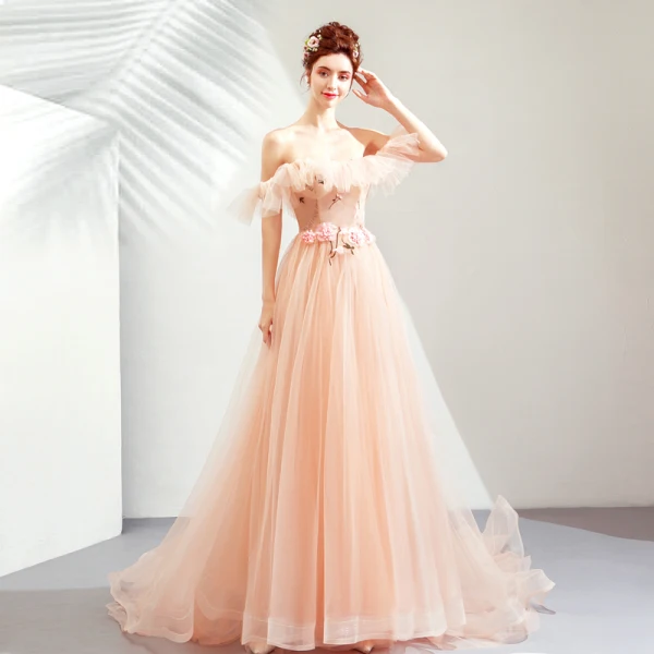 Elegant Pearl Pink Evening Dresses 2019 A-Line / Princess Off-The-Shoulder Short Sleeve Appliques Lace Flower Court Train Ruffle Backless Formal Dresses