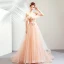 Elegant Pearl Pink Evening Dresses  2019 A-Line / Princess Off-The-Shoulder Short Sleeve Appliques Lace Flower Court Train Ruffle Backless Formal Dresses