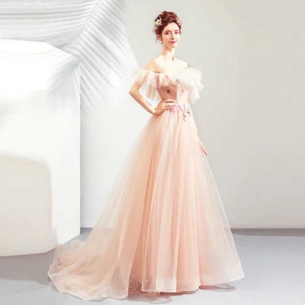 Elegant Pearl Pink Evening Dresses 2019 A-Line / Princess Off-The-Shoulder Short Sleeve Appliques Lace Flower Court Train Ruffle Backless Formal Dresses