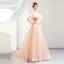 Elegant Pearl Pink Evening Dresses  2019 A-Line / Princess Off-The-Shoulder Short Sleeve Appliques Lace Flower Court Train Ruffle Backless Formal Dresses