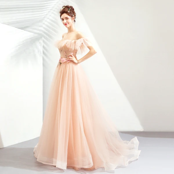 Elegant Pearl Pink Evening Dresses 2019 A-Line / Princess Off-The-Shoulder Short Sleeve Appliques Lace Flower Court Train Ruffle Backless Formal Dresses