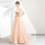 Elegant Pearl Pink Evening Dresses  2019 A-Line / Princess Off-The-Shoulder Short Sleeve Appliques Lace Flower Court Train Ruffle Backless Formal Dresses