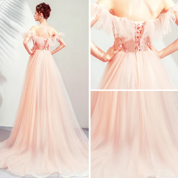 Elegant Pearl Pink Evening Dresses 2019 A-Line / Princess Off-The-Shoulder Short Sleeve Appliques Lace Flower Court Train Ruffle Backless Formal Dresses
