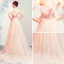 Elegant Pearl Pink Evening Dresses  2019 A-Line / Princess Off-The-Shoulder Short Sleeve Appliques Lace Flower Court Train Ruffle Backless Formal Dresses