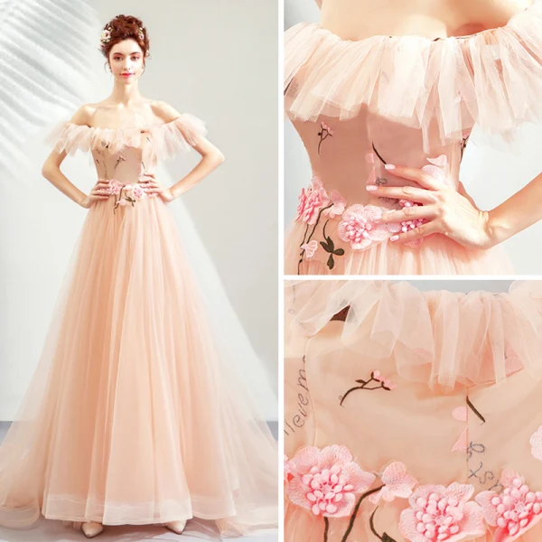 Elegant Pearl Pink Evening Dresses 2019 A-Line / Princess Off-The-Shoulder Short Sleeve Appliques Lace Flower Court Train Ruffle Backless Formal Dresses
