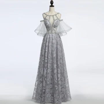 Amazing Unique Grey See Through Evening Dresses 2018 A Line Princess Scoop Neck Strapless 1 2 Sleeves Sequins Beading Floor Length Long Ruffle Backless Formal Dresses