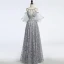 Unique Gris Transparentes Robe De Soirée 2018 Princesse Encolure Dégagée Bustier 1/2 Manches Paillettes Perlage Longue Volants Dos Nu Robe De Ceremonie