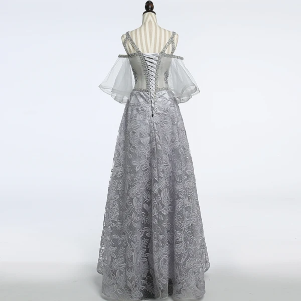 Unique Gris Transparentes Robe De Soirée 2018 Princesse Encolure Dégagée Bustier 1/2 Manches Paillettes Perlage Longue Volants Dos Nu Robe De Ceremonie