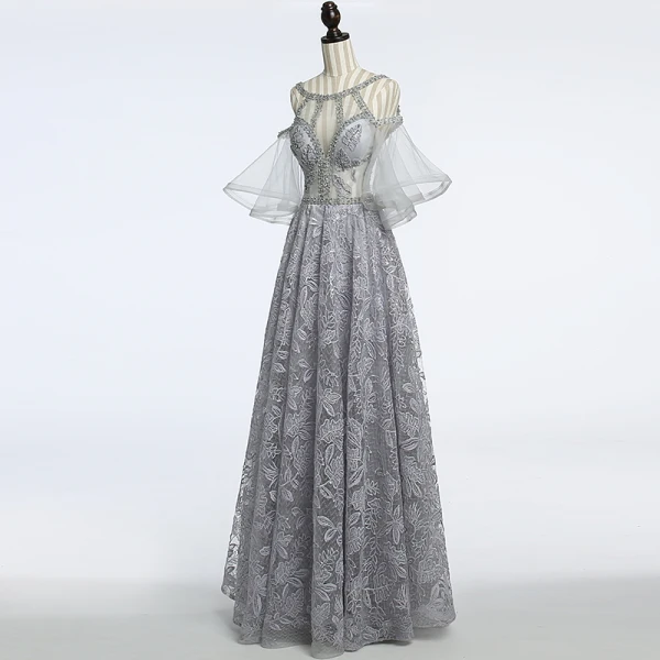 Unique Gris Transparentes Robe De Soirée 2018 Princesse Encolure Dégagée Bustier 1/2 Manches Paillettes Perlage Longue Volants Dos Nu Robe De Ceremonie