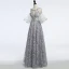 Unique Gris Transparentes Robe De Soirée 2018 Princesse Encolure Dégagée Bustier 1/2 Manches Paillettes Perlage Longue Volants Dos Nu Robe De Ceremonie