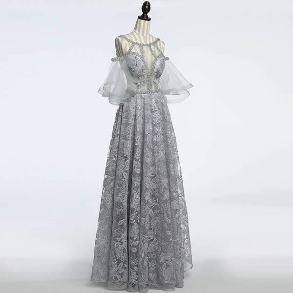 Unique Gris Transparentes Robe De Soirée 2018 Princesse Encolure Dégagée Bustier 1/2 Manches Paillettes Perlage Longue Volants Dos Nu Robe De Ceremonie