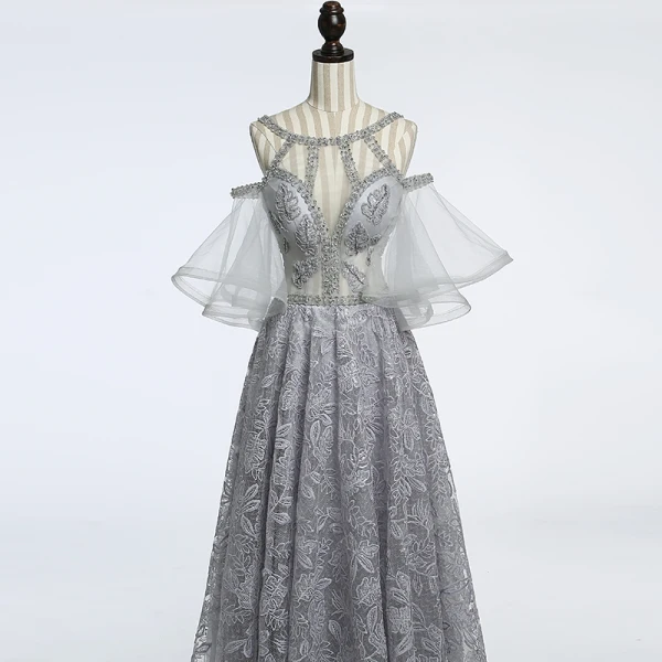 Unique Gris Transparentes Robe De Soirée 2018 Princesse Encolure Dégagée Bustier 1/2 Manches Paillettes Perlage Longue Volants Dos Nu Robe De Ceremonie