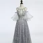 Unique Gris Transparentes Robe De Soirée 2018 Princesse Encolure Dégagée Bustier 1/2 Manches Paillettes Perlage Longue Volants Dos Nu Robe De Ceremonie