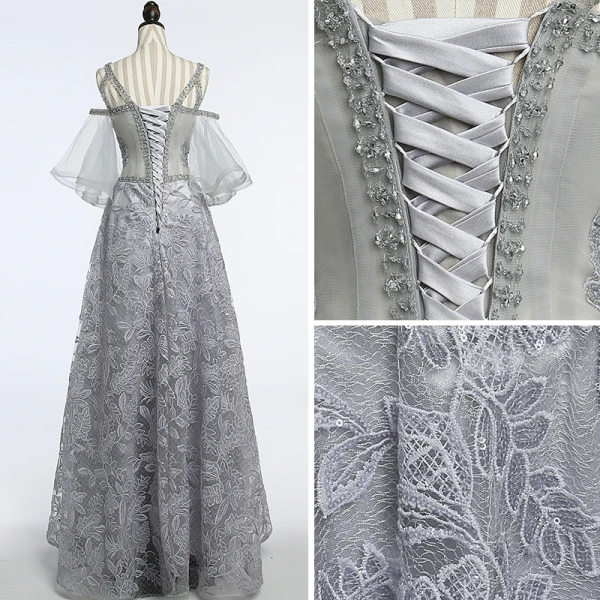 Unique Gris Transparentes Robe De Soirée 2018 Princesse Encolure Dégagée Bustier 1/2 Manches Paillettes Perlage Longue Volants Dos Nu Robe De Ceremonie