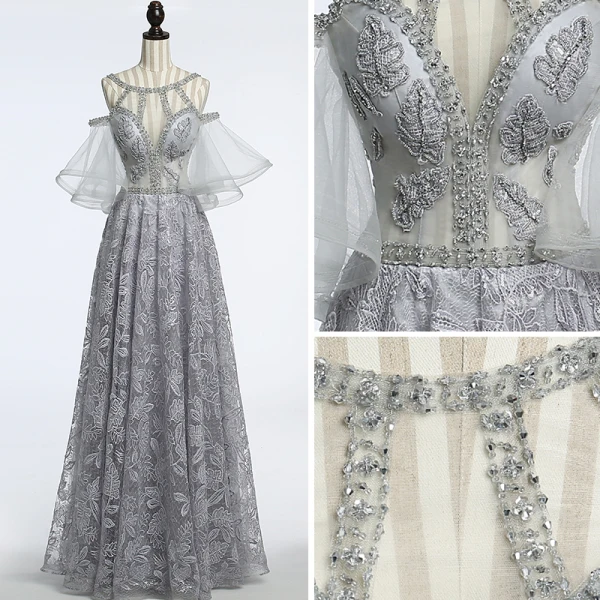 Unique Gris Transparentes Robe De Soirée 2018 Princesse Encolure Dégagée Bustier 1/2 Manches Paillettes Perlage Longue Volants Dos Nu Robe De Ceremonie