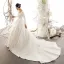 Vintage / Retro Ivory Satin Wedding Dresses 2019 Ball Gown Scoop Neck Short Sleeve Chapel Train Ruffle