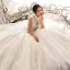 Vintage Champagner Brautkleider / Hochzeitskleider 2019 A Linie Stehkragen Ärmellos Rückenfreies Applikationen Spitze Perlenstickerei Lange Rüschen