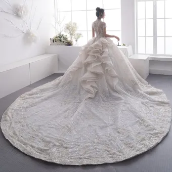 Luxury Gorgeous Champagne See Through Wedding Dresses 2019 Ball Gown High Neck Cap Sleeves Appliques Lace Beading Glitter Cathedral Train Ruffle