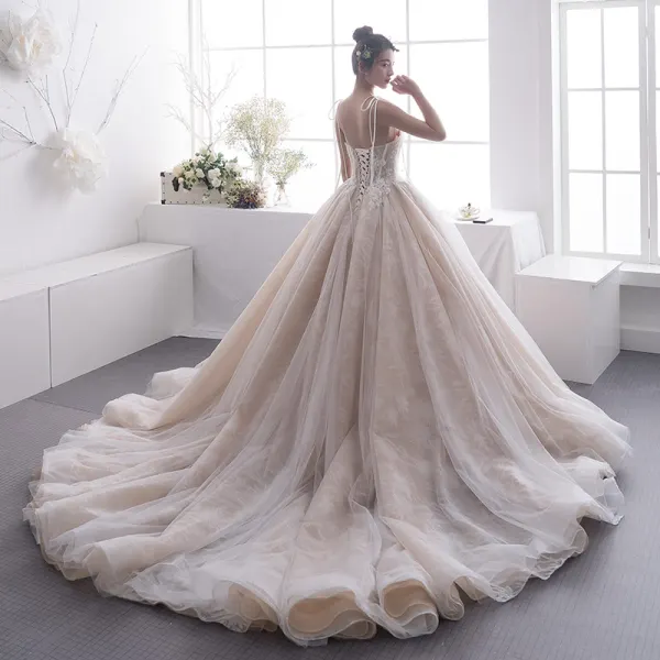 Elegant Champagne Wedding Dresses 2019 A-Line / Princess Spaghetti Straps Sleeveless Backless Beading Chapel Train Ruffle