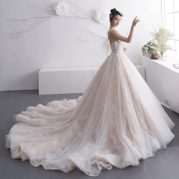 Elegant Champagne Wedding Dresses 2019 A-Line / Princess Spaghetti Straps Sleeveless Backless Beading Chapel Train Ruffle