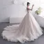 Elegant Champagne Wedding Dresses 2019 A-Line / Princess Spaghetti Straps Sleeveless Backless Beading Chapel Train Ruffle