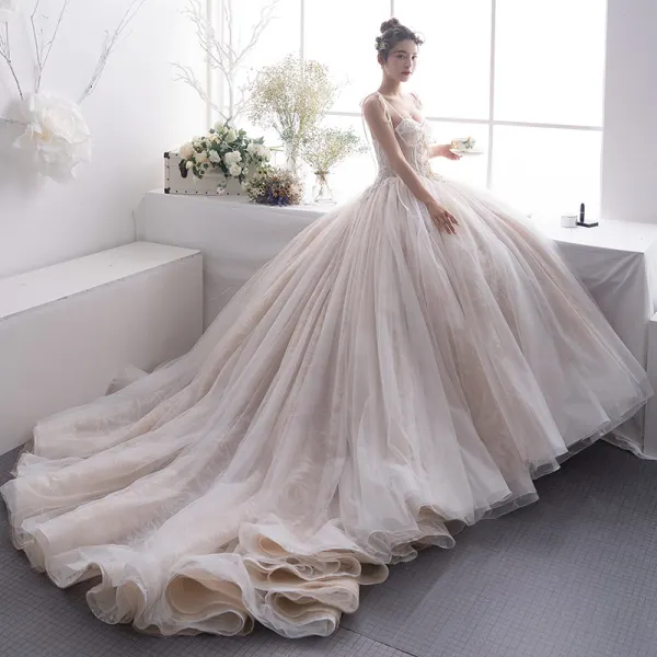 Elegant Champagne Wedding Dresses 2019 A-Line / Princess Spaghetti Straps Sleeveless Backless Beading Chapel Train Ruffle