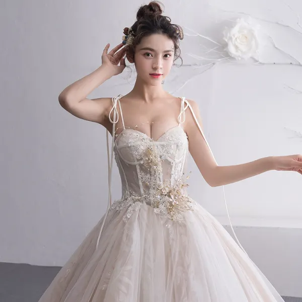Elegant Champagne Wedding Dresses 2019 A-Line / Princess Spaghetti Straps Sleeveless Backless Beading Chapel Train Ruffle