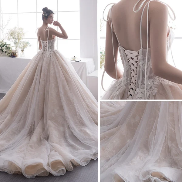 Elegant Champagne Wedding Dresses 2019 A-Line / Princess Spaghetti Straps Sleeveless Backless Beading Chapel Train Ruffle