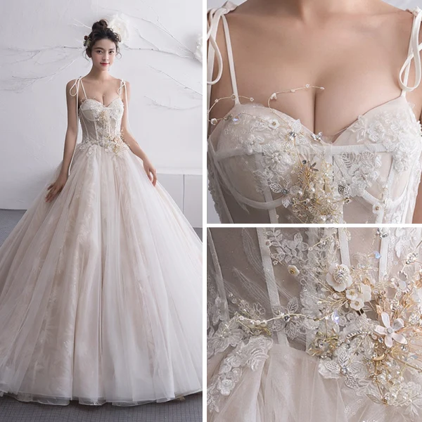 Elegant Champagne Wedding Dresses 2019 A-Line / Princess Spaghetti Straps Sleeveless Backless Beading Chapel Train Ruffle