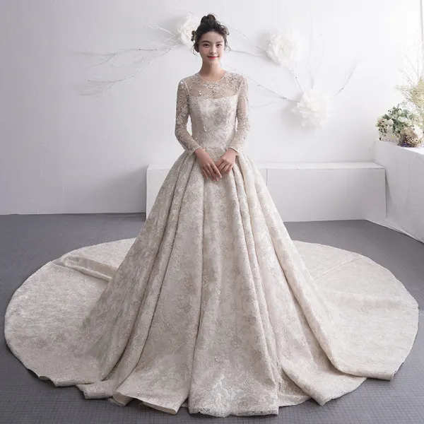 Luxury / Gorgeous Champagne See-through Wedding Dresses 2019 A-Line / Princess Scoop Neck Long Sleeve Backless Beading Cathedral Train Ruffle