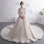 Luxury / Gorgeous Champagne See-through Wedding Dresses 2019 A-Line / Princess Scoop Neck Long Sleeve Backless Beading Cathedral Train Ruffle