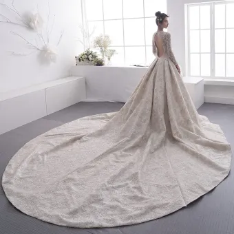 Luxury Gorgeous Champagne See Through Wedding Dresses 2019 A Line Princess Scoop Neck Long Sleeve Backless Beading Cathedral Train Ruffle