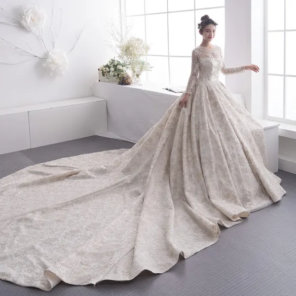 Luxury / Gorgeous Champagne See-through Wedding Dresses 2019 A-Line / Princess Scoop Neck Long Sleeve Backless Beading Cathedral Train Ruffle